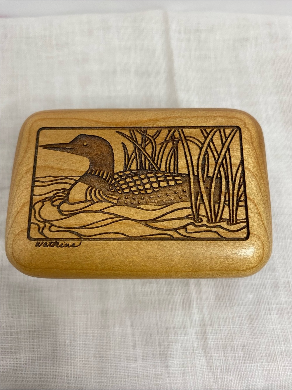 Handcarved Wooden Keepsake Trinket Box Felt Lined Signed Watkins Nature Decor